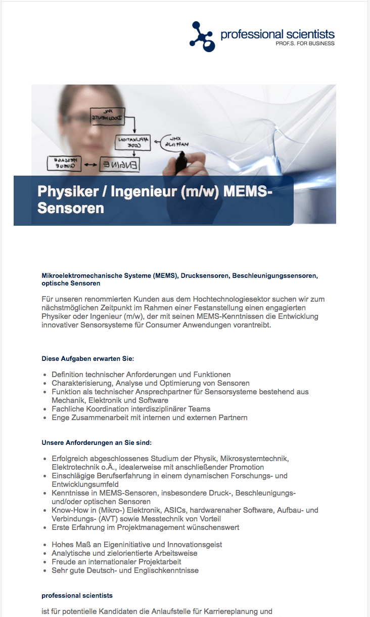 Вакансия Физик / инженер (м / ж) Датчики MEMS